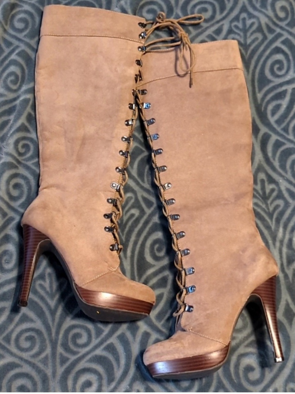 Lace-Up Knee High Platform Boots - Tan Suede